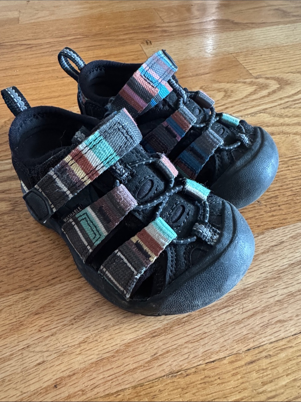 Keen Baby Black Sandals with Teal and Burgundy Stripes